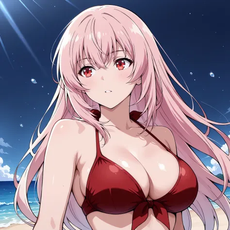 
Honami Ichinose (Classroom of the Elite) appears with her smooth and loose pink hair, Red Eyes brillantes, figura slender y pechos grandes; expression of confusion. red bikini
. Background a beach.
Their skin reflects bluish flashes under moonlight; the p...