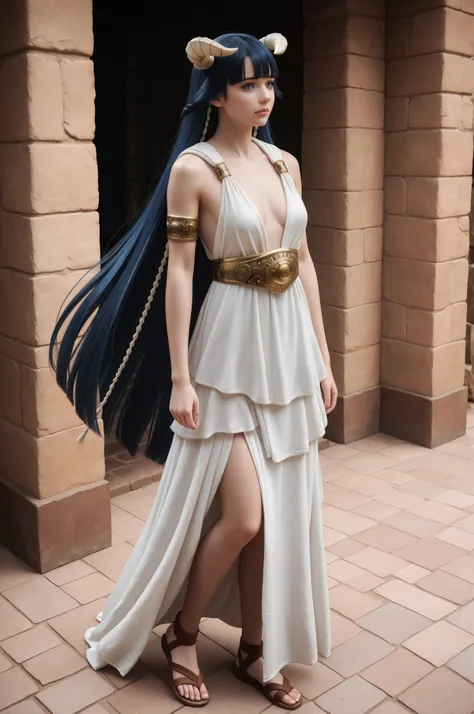 1girl, Saphir Maasa, 150cm, blunt bangs, very long hair, dark blue hair, blue eyes, hair tubes, horns,ancient Greek clothes, small breasts, sleeveless dress, white dress, armlet, belt, sandals, standing, outside, in full view in a highly detailed photoreal...