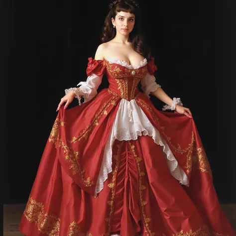 Beautiful 18th-century woman. Black hair: Soft waves, half-up in an aristocratic style. Loose, flowing waves. Only the top section swept back with a gold or pearl brooch. Blue eyes.

Clothing: Luxurious and provocative Polonaise dress. Blood red with gold ...