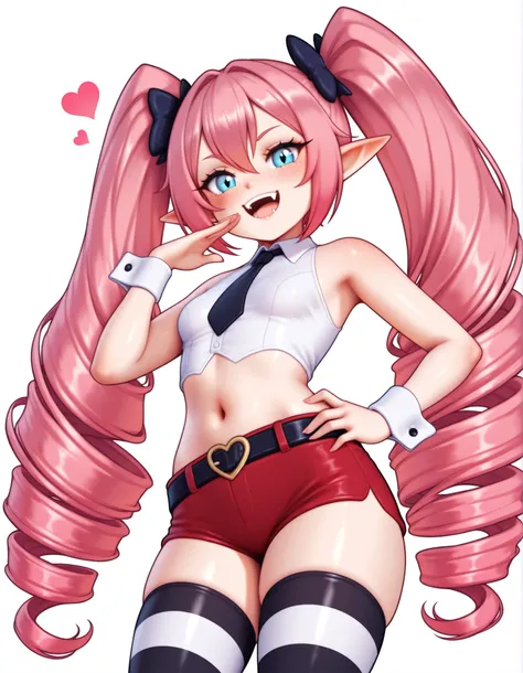 auralesustyle, 1girl, thighhighs, solo, striped thighhighs,  pink hair, striped clothes, , navel, long hair, drill hair,, heart, smile, sleeveless shirt, white background, hand on own hip, wrist cuffs, twin drills, simple background, sleeveless, looking at...