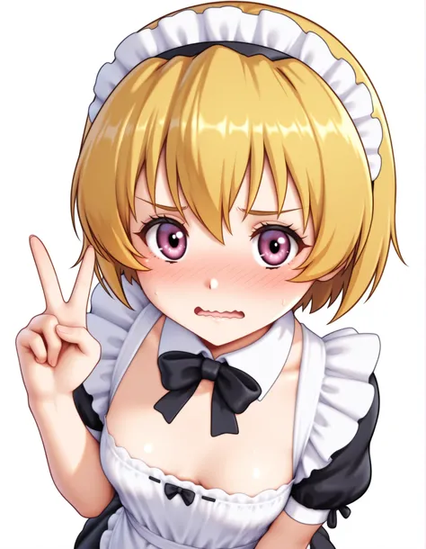 auralesustyle,, masterpiece, best_quality, uncensored, higurashimei, 
1girl, houjou satoko, solo, (teen:1.2), kawaii, (small breasts, breasts), blonde hair, short hair, hairband, simple background, white background, maid_headdress, maid_apron, maid, maid_d...