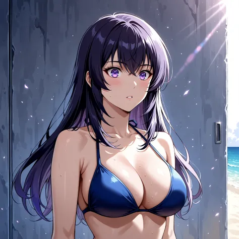 
Honami Ichinose (Classroom of the elite) cbello largo color rubio rosa, bright violet eyes, figura slender y pechos grandes; expression of confusion. bikini amarillo con diseño floreado.
. background a beach.
Their skin reflects bluish flashes under moonl...