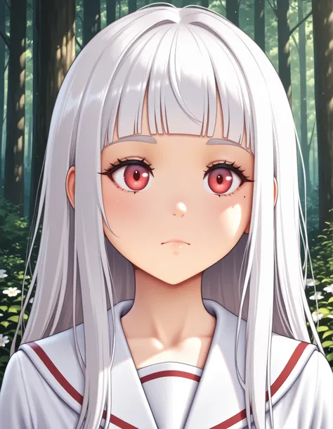 auralesustyle,, sfw, newest, masterpiece, amazing quality, best quality, detailed, absurdres, illustration, game_cg, intricate, an extremely delicate and beautiful, 1 girl, cute, perfect anatomy, red eyes, pettier, white hair, long hair, blunt bangs, white...
