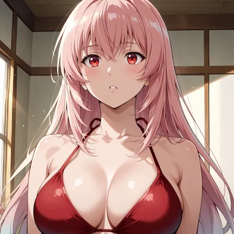 
Honami Ichinose (Classroom of the Elite) appears with her smooth and loose pink hair, Red Eyes brillantes, figura slender y pechos grandes; expression of confusion. red bikini
. Background a beach.
Their skin reflects bluish flashes under moonlight; the p...