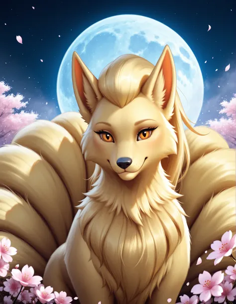 auralesustyle,, ((solo)) (feral, ninetales), female, looking at viewer, cherry blossom, night, fog, flower, multi tail, full moon,, best quality, shaded, extreme detail, highly detailed, ultradetailed, intricate, realistic, detailed background, hi res, rea...