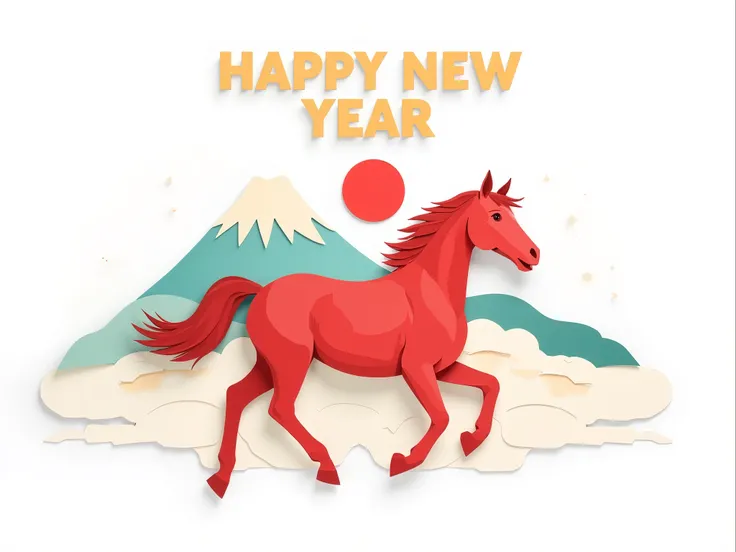a modern flat design illustration with layered paper-cut effects, featuring a full-body horse in the foreground. each color block looks like stacked cut paper with soft shadows for gentle depth. behind the horse, a simple iconic Mount Fuji and a rising sun...