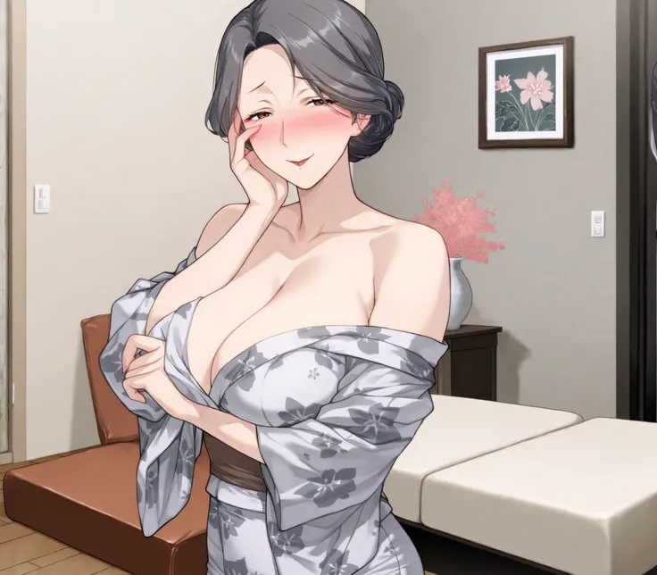 Miyuri, 1girl, large breasts, (Dark grey hair:1.3), floral kimono, off one shoulders, cleavage, living room background, daytime, standing, brown eyes, (mature woman:1.3), (lustful smile:1.2), blushing, slim waist, hand pulling yukata off breasts, standing,...