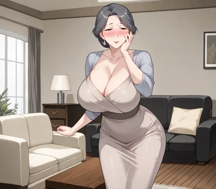 Miyuri, 1girl, huge breasts, (Dark grey hair:1.3), dress, cleavage, living room background, daytime, standing, brown eyes, (mature woman:1.3), (lustful smile:1.2), blushing, slim waist, standing, hand on face