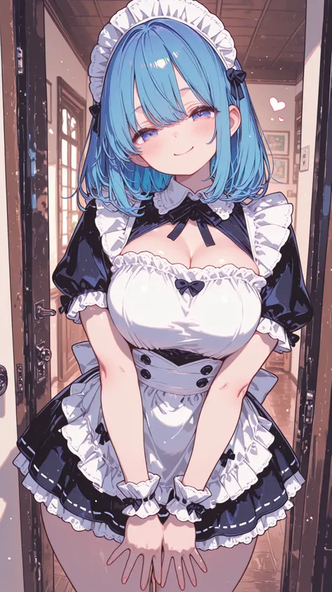masterpiece、top quality、Ultra High Definition、High Resolution、one woman、maid outfit、Short sleeve、medium hair、Blue hair、plump figure、Smile Yan、modern house background、Indoor