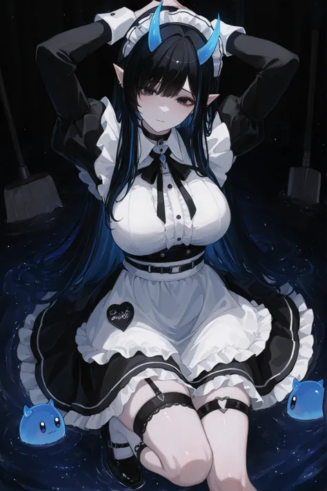 A full-bodied character with large breasts in the anime style.  She has pale skin , long black hair with blue highlights, e bright blue eyes, with pointed ears e small blue horns protruding from her head. She wears a classic black e white maid outfit with ...