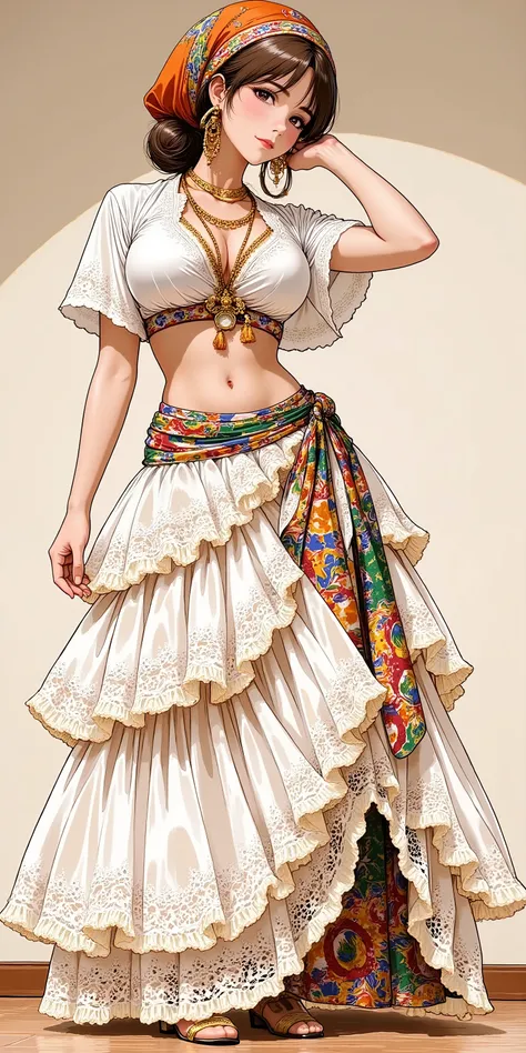 Anime style illustration, 1girl, solo, sexy eyes, facing up, parted lips, chest-up portrait, lean back, hand up, looking at viewer. A Brazilian woman from Bahia (Baiana), wearing a traditional outfit with multiple voluminous, layered white lace petticoats ...