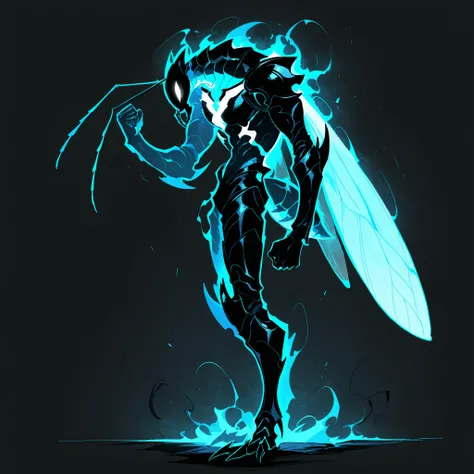 masterpiece, ultra-HD, impressionism, high detail, best quality, very aesthetic, 8K, best quality, beautiful, ultra-high resolution, 32K UHD, sharp focus, 1man, solo, akb, male, anthro insect, glowing white eyes, antennae, insect wings, insect abdomen, ant...