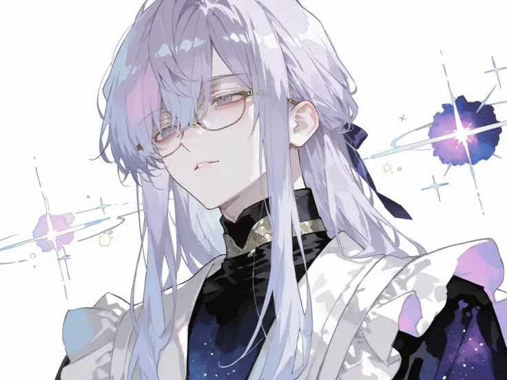 score_9, score_8_consolation, score_7_consolation, solo, watercolor, 1 male, solo , One Man , pale lavender colored hair , Long hair , beautiful , Eyes like space , fashionable clothes , white , stylish , handsome , adult male doctor , turtleneck , Glasses