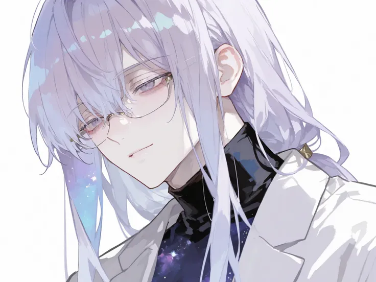 score_9, score_8_consolation, score_7_consolation, solo, watercolor, 1 male, solo , One Man , pale lavender colored hair , Long hair , beautiful , Eyes like space , , white , stylish , handsome , adult male doctor , turtleneck , Glasses