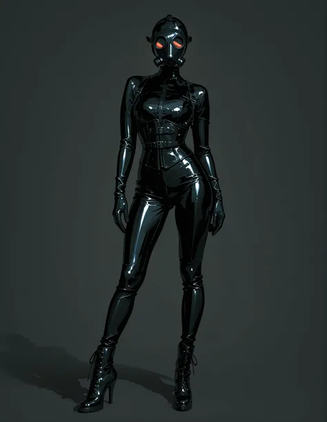 Professional fashion photography, full body shot. A model posing against a seamless dark grey background. She is outfitted in a sleek black latex catsuit, tight corset, and thigh-high patent leather boots with high heels. She wears a stylized, modern gas m...