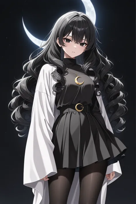 (Masterpiece, high quality, ultra-detailed: 1.2), perfect anatomy, anime coloring, anime screenshot, novelty, easynegative, BREAK, 1 girl, black hair, kinky hair, curly hair, black eyes, white woman, all-black clothes, black skirt, black tights, black back...