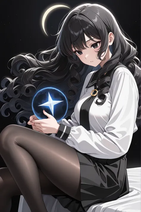 (Masterpiece, high quality, ultra-detailed: 1.2), perfect anatomy, anime coloring, anime screenshot, novelty, easynegative, BREAK, 1 girl, black hair, kinky hair, curly hair, black eyes, white woman, all-black clothes, black skirt, black tights, black back...