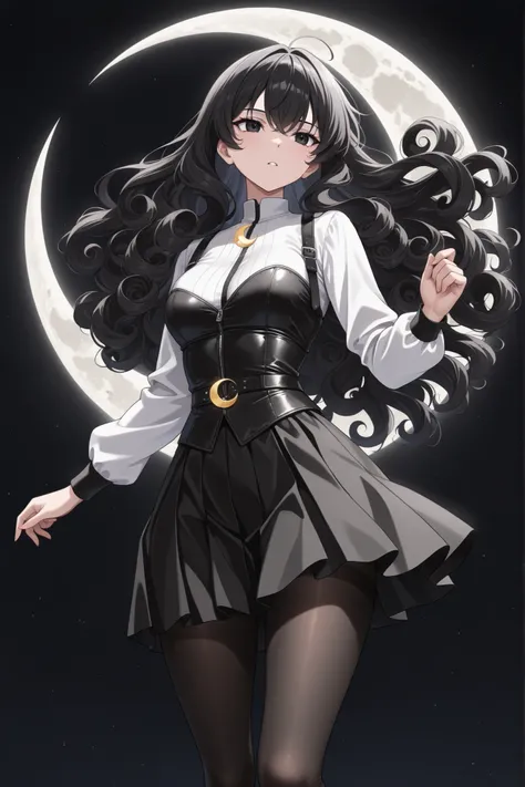 (Masterpiece, high quality, ultra-detailed: 1.2), perfect anatomy, anime coloring, anime screenshot, novelty, easynegative, BREAK, 1 girl, black hair, kinky hair, curly hair, black eyes, white woman, all-black clothes, black skirt, black tights, black back...