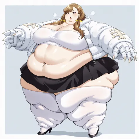 tenjousora brown eyes, long hair, asymmetrical hair, asymmetrical bangs, brown hair, low twintails, hair ribbon, furr jacket, tube top,  midriff, Navel piercing,  skirt, stockings, Long nails, makeup, high heels, breasts, fat, chubby, obese, fat neck, mult...