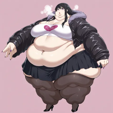 Naoka Ueno (character), Naoka (older appearance), long hair, 1girl, solo, black hair, long hair, purple eyes, furr jacket, tube top, midriff, navel piercing, skirt, stockings, long nails, makeup, high heels, breasts, fat, chubby, obese, fat neck, multiple ...