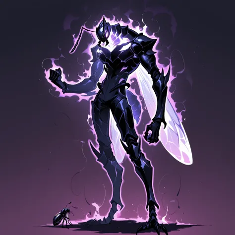 masterpiece, ultra-HD, impressionism, high detail, best quality, very aesthetic, 8K, best quality, beautiful, ultra-high resolution, 32K UHD, sharp focus, 1man, solo, akb, male, anthro insect, insect, ant, glowing purple eyes, antennae, insect wings, insec...