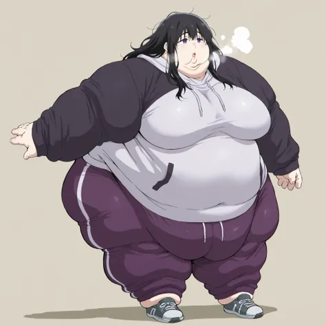 Naoka Ueno (character), Naoka (older appearance), long hair, 1girl, solo, black hair, long hair, purple eyes, messy hair, hoodie, sweatpants, shoes, breasts, fat, chubby, obese, fat neck, multiple chins, big breasts open mouth, out of breath, Larger female...