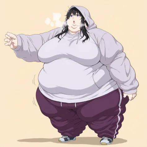 Naoka Ueno (character), Naoka (older appearance), long hair, 1girl, solo, black hair, long hair, purple eyes, messy hair, hoodie, hood over, hood up, sweatpants, shoes, breasts, fat, chubby, obese, fat neck, multiple chins, big breasts open mouth, out of b...