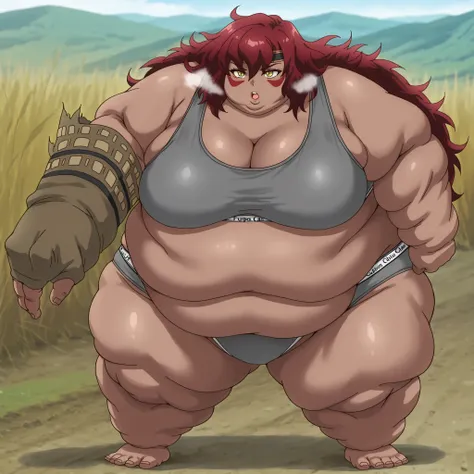  Sus0r4, 1girl, dark skin, tribal, red hair, very long hair, messy hair, hair between eyes, yellow eyes, red facepaint, black headband, grey sports bra,spors bra,grey sports panties,sports panties,calvin klein, fat, chubby, obese, fat neck, multiple chins,...