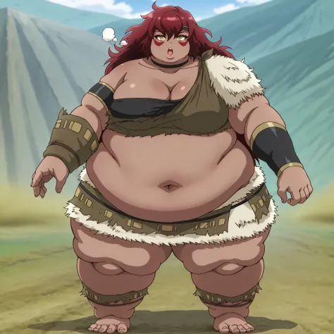 Sus0r4, 1girl, dark skin, tribal, red hair, very long hair, messy hair, hair between eyes, yellow eyes, red facepaint, black headband, medium breasts, collarbone,
black choker, black bandeau, cleavage, fur, rags, brown crop top, fur trim crop top, single o...