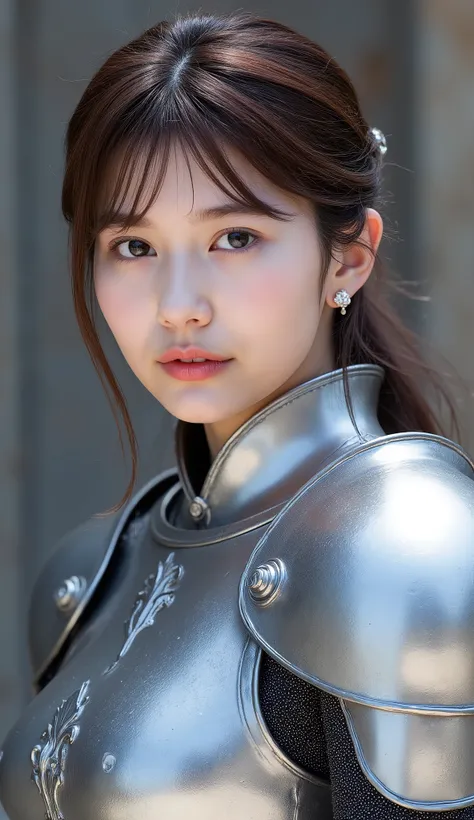 neat young woman wearing luxurious silver armor、、female knight、、漆黒の髪、、ear piercings、looking at camera、looking directly in front、怒り顔、口を閉じている、への字口、、、face close-up、grey background、