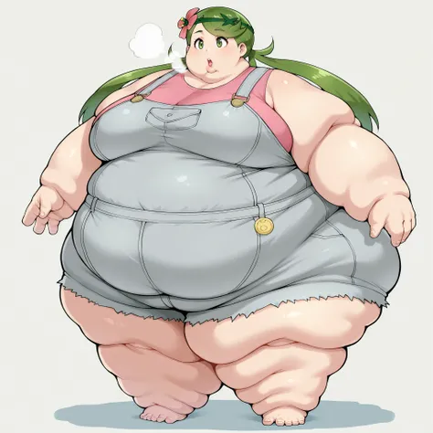 masterpiece, best quality, 1girl , Alone, (curvy), cute, eyelashes, (beautiful eyes), Mallow, green hair, green eyes, hair flower, hair ornament, grey overalls, pink shirt, sleeveless, grey shorts, breasts, fat, chubby, obese, fat neck, multiple chins, big...