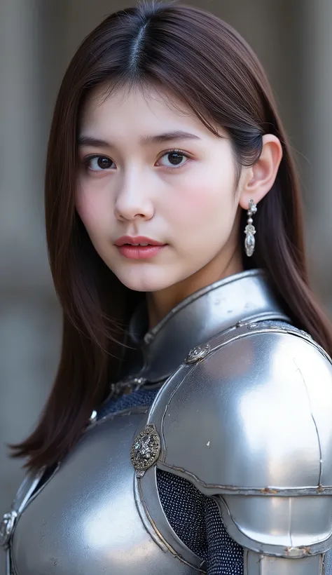 neat young woman wearing luxurious silver armor、、female knight、、漆黒の髪、、ear piercings、looking at camera、looking directly in front、怒り顔、口を閉じている、への字口、、、face close-up、grey background、