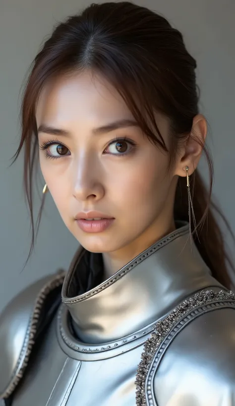 neat young woman wearing luxurious silver armor、、female knight、、、ear piercings、looking at camera、looking directly in front、前髪あり、無表情、口を閉じている、、face close-up、grey background、

