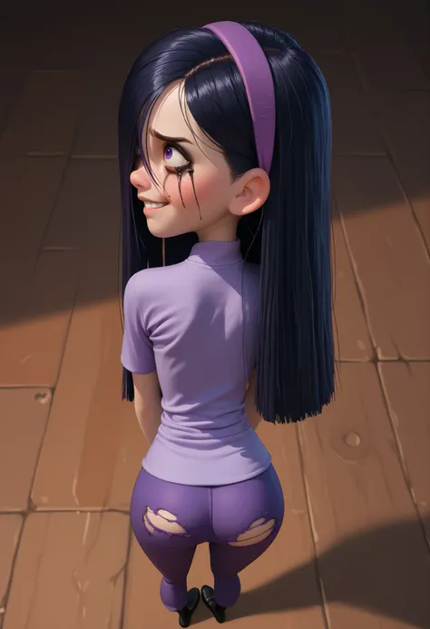 score_9, score_8_up, score_7_up, score_6_up, score_5_up, score_4_up, 1girl, VioletParr, purple headband, very long black hair, hair covering one eye, leaning forward , purple eyes, small smile, purple shirt, excessive torn pants, torn clothes , ass visible...