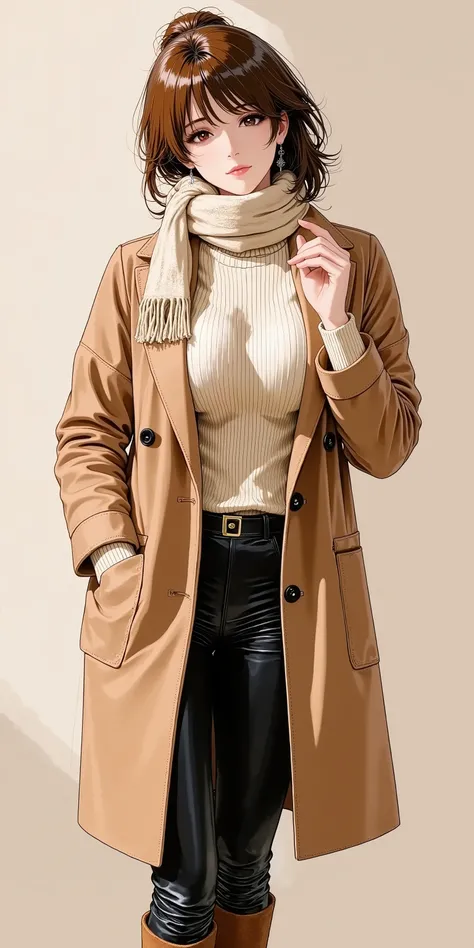 Anime style illustration, 1girl, solo, sexy eyes, facing up, parted lips, chest-up portrait, lean back, hand up, looking at viewer, A woman bundled in a luxurious, oversized camel-colored wool coat over a chunky cream turtleneck sweater. She wears slim-fit...