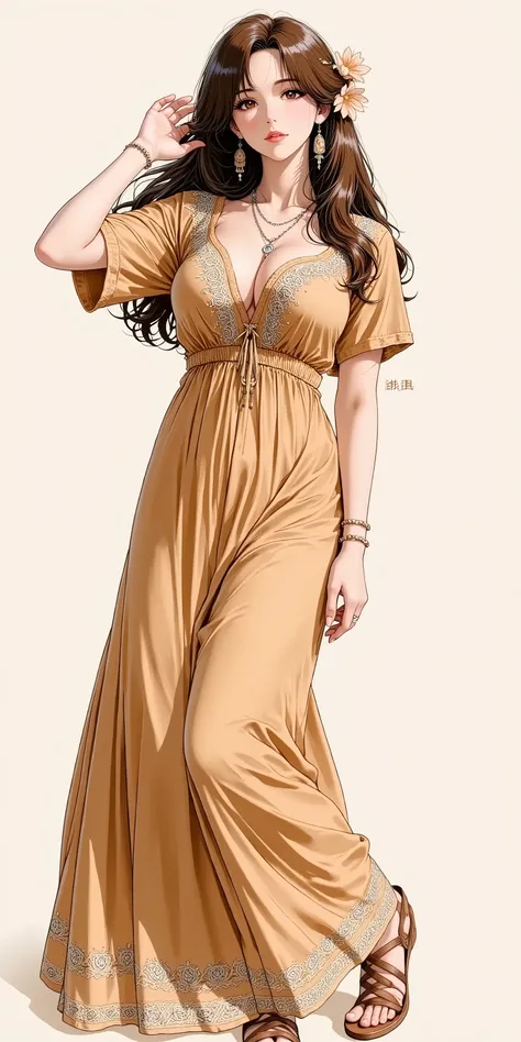 Anime style illustration, 1girl, solo, sexy eyes, facing up, parted lips, chest-up portrait, lean back, hand up, looking at viewer, A woman in a flowing, earth-toned maxi dress with intricate embroidered patterns around the neckline and sleeves. She wears ...