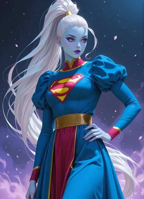 zzVados, long hair, ponytail, white hair, blue skin, hair pulled back, high ponytail, very long hair, purple eyes, long sleeves, puffy sleeves, sash, purple lips, dress, makeup, lipstick, ,Supergirl com uniforme cosplay