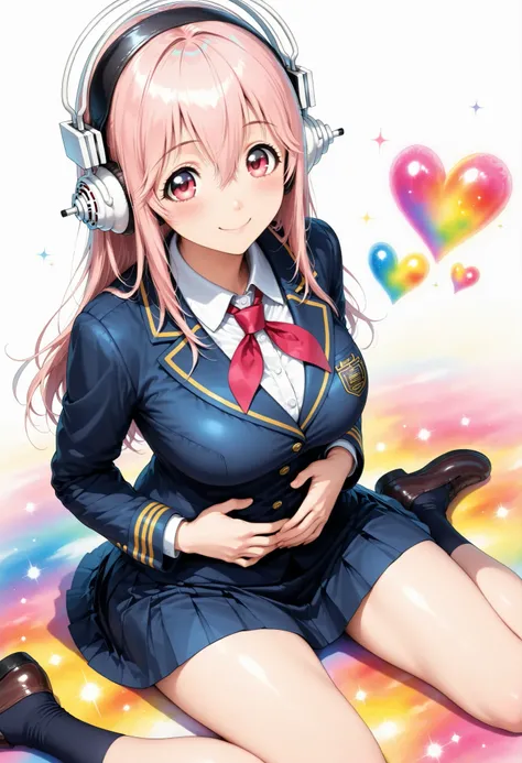 1 female, solo, Super Sonico, pink hair, Happy Expression, Exciting Gesture, navy blue uniform, Cute accessories, Bright and Cheerful Atmosphere, (wariza, hands on own stomach, from above), Fascinating Backgrounds, warm colors, High Resolution, anime styl...