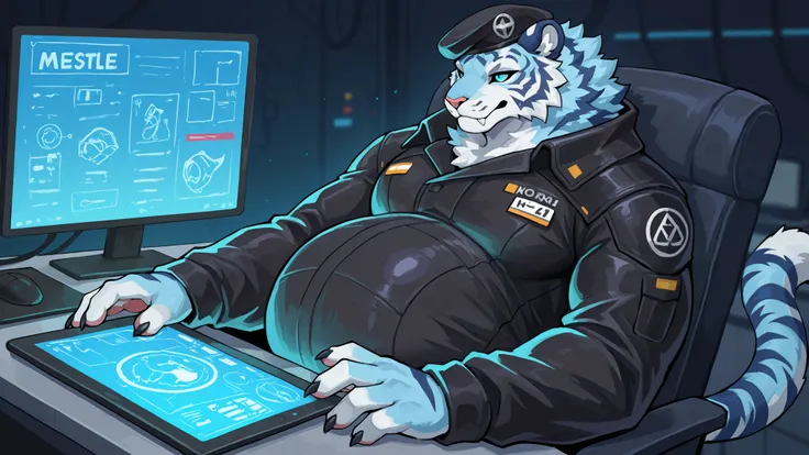 solo, male, alien tiger, pale blue fur, blue eyes, broad shoulders, black coat, black beret, vore belly, full stomach, sitting at the boss table, working on tablet, blurred sci-fi boss office background, dark atmosphere, simple background, high quality