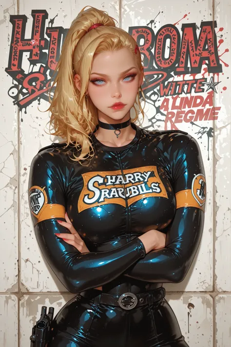 Uma mulher (solo) linda e sexy, ponytail hair, cosplay graffiti uniform, with arms crossed and a gun in his hand