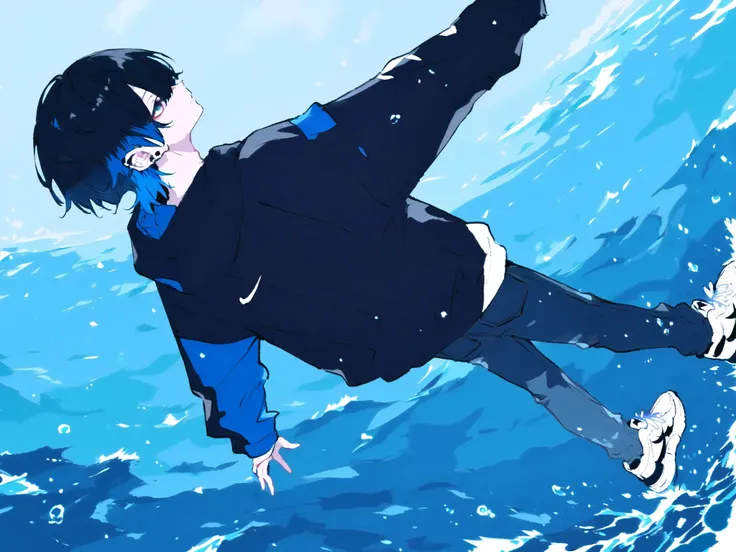 4k, 8k, 16k,  ((solo, anime))、(( male)), ((dark haired, inner color blue, Blue hair tips)), with fair skin, sea, walk along the sandy beach, back view, spread arms sideways, white NIKE sneakers, ear piercings, (detailed faces, Detailed Eyes, detailed hair)...