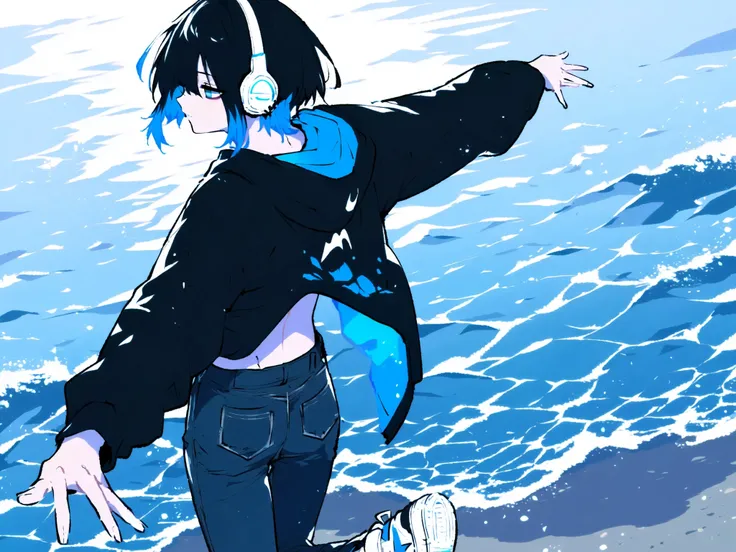 4k, 8k, 16k,  ((solo, anime))、(( male)), ((dark haired, inner color blue, Blue hair tips)), with fair skin, sea, walk along the sandy beach, back view, spread arms sideways, white NIKE sneakers, ear piercings, (detailed faces, Detailed Eyes, detailed hair)...