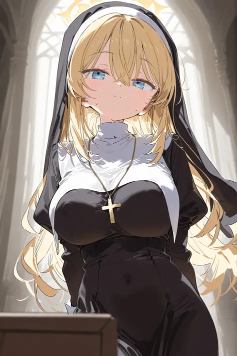 {{{{{{{{{{{{araki kanao}}}}}}}}}}}},{{{young}}},1 girl 、curl hair、large amount of hair、blonde hair、,、big breasts、 masterpiece, very detailed、Monastic Clothes、nun_clothing,wimple,、standing, blue eyes、 gradients