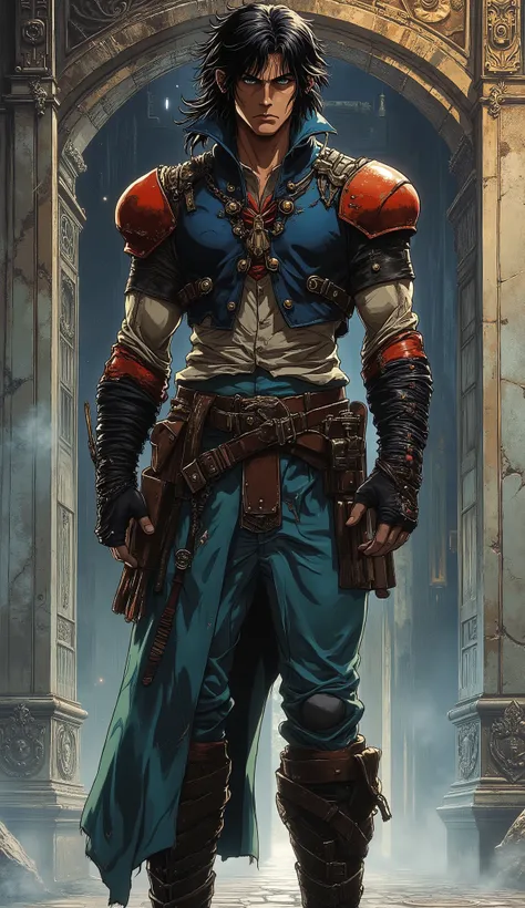 Masterpiece, exquisite mature anime illustration art style, blending dark fantasy with steampunk aesthetics, concept art quality. A tall, lean male scout character with jet-black medium-length hair, textured wild and slightly messy, featuring side-swept ba...