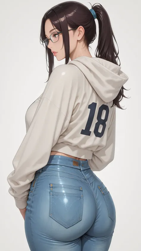 1 girl, Glasses, dark hair, ponytail, Curvaceous, hoodie and jeans, Japanese woman、middle aged