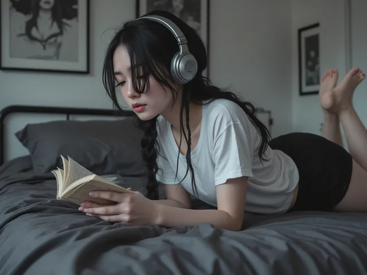 1girl, solo, goth, 
black hair, braids, pale skin, 
small ass, flat ass, bare feet, 
silver headphones, 
plain white t-shirt, black shorts, 
laying on stomach on bed, reading book,
(dark:1.4)-grey bedding, white walls, framed paintings, 
low angle, view fr...
