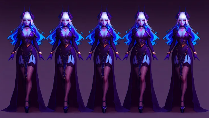 ((inspired by fantasy)),(((masterpiece)), ((best quality)),((ultra detail)),),beautiful-woman, ((detailed face)),((detailed body)),(full body:1.3).



(((demon woman))), ((pointed ears)),(dragon’s horns attached to the head), backward-curved horns, ((purpl...