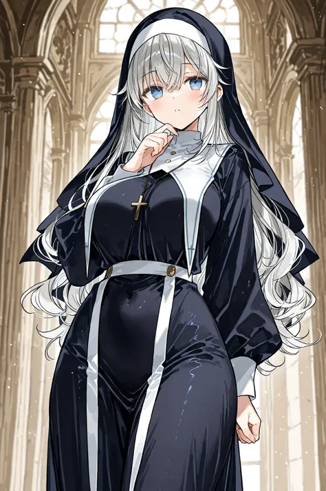 、{{{{{{{{{{{{araki kanao}}}}}}}}}}}},1 little girl  、curl hair、large amount of hair、platinum hair、,、a little big breasts、 masterpiece, very detailed、standing, blue eyes、 gradients 、4K Works, top quality ,nun_clothing,wimple,nun_robe,