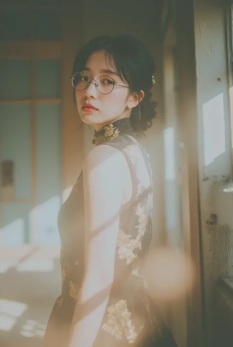A stunning young woman in a vintage Chinese setting, standing beside a wooden lattice window. Warm, dramatic sunlight casts soft highlights and shadows across her face. She wears thin, elegant glasses and has slightly messy, wispy bangs framing her eyes. H...