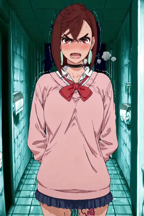 1girl, solo, (dandadan, Ayase Momo), short hair, bangs, thick eyebrows, brown hair, green earrings, red eyes, makeup, school uniform, blue skirt, pink sweater, red ribbon tie, choker, skinny, slender, medium breasts, (blush face:1.2), (annoyed:0.9), open m...